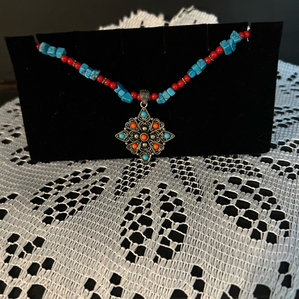 Vintage Turquoise and Red Beaded Pendant Necklace